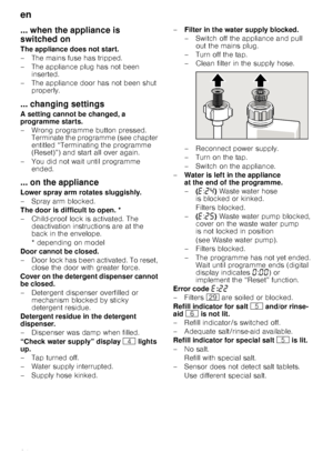 Page 24en
24
... when the appliance is  
switched on
The appliance does not start.
– The mains fuse has tripped. 
– The appliance plug has not been inserted.
– The appliance door has not been shut  properly.
... changing settings
A setting cannot be changed, a  
programme starts. 
– Wrong programme button pressed. Terminate the programme (see chapter  
entitled “Terminating the programme 
(Reset)”) and start all over again. 
– You did not wait until programme  ended.
... on the appliance
Lower spray arm rotates...
