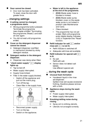 Page 21en21
Door cannot be closed.
Door lock has been activated. To reset, close the door with
greater force.
...  changing settings
A setting cannot be changed,
a programme starts.
W rong programme button pressed.
T erminate the programme
(see chapter entitled ªT erminating
the programme (Reset)º) and start all over again.
Y ou did not wait until programme
ended.
Cover on the detergent dispenser cannot be closed.
Detergent dispenser overfilled or mechanism blocked by sticky detergent residue.
Detergent residue...