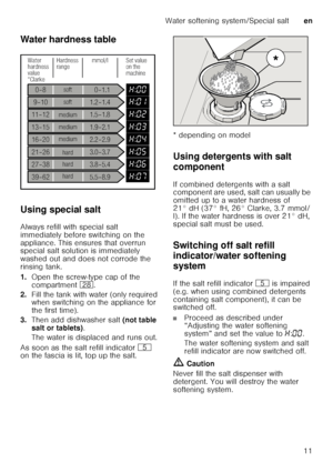 Page 11Water softening system/Special salten
11
Water hardness table 
Using special salt 
Always refill with special salt  
immediately before switching on the  
appliance. This ensures that overrun  
special salt solution is immediately  
washed out and does not corrode the  
rinsing tank. 
1.
Open the screw-type cap of the  
compartment  1b.
2. Fill the tank with water (only required  
when switching on the appliance for  
the first time). 
3. Then add dishwasher salt  (not table 
salt or tablets) . 
The...