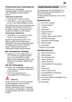 Page 5de5
Kindersicherung
 (Tastensperre)
Sie  k’nnen Ihr Ger‚t gegen
unbeabsichtigtes Programm abbrechen (z.B. Fehlbedienung durch Kinder) sichern. T astensperre aktivieren:
Gew˜nschtes Programm starten.
Taste B  ca. 4 sec. gedr˜ckt halten,
bis 
 in der Zif fernanzeige erscheint.
Wird w‚hrend des Programmablaufes eine beliebige T aste bet‚tigt, erscheint 
 in
der Zif fernanzeige. Ein Abbrechen des
Programms (Reset) ist nicht m’glich. T astensperre deaktivieren:
Taste B  ca.4 sec. gedr˜ckt halten,
bis 
 in der...