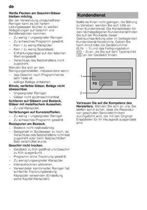 Page 24de 
24
Weiße Flecken am Geschirr/Gläser  
bleiben milchig. 
Bei der Verwendung phosphatfreier  
Reiniger kann es bei hartem  
Leitungswasser leichter zu weißen 
Ablagerungen auf Geschirr und  
Behälterwänden kommen.  
– Zu wenig / ungeeigneter Reiniger. 
– Zu schwaches Programm gewählt.
– Kein / zu wenig Klarspüler. 
– Kein / zu wenig Spezialsalz. 
– Enthärtungsanlage auf den falschen 
Wert eingestellt.
– Verschluss des Salzbehälters nicht  zugedreht.
Wenden Sie sich an den  
Reinigungshersteller,...