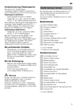 Page 5de5
Kindersicherung (Tastensperre) 
Sie können Ihr Gerät gegen  
unbeabsichtigtes Programm abbrechen  
(z.B. Fehlbedienung durch Kinder) sichern. 
Tastensperre aktivieren:
– Gewünschtes Programm starten. 
–Taste 
+ ca. 4 sec. gedrückt halten, 
bis  ’– in der Ziffernanzeige erscheint.
Wird während des Programmablaufes eine  
beliebige Taste betätigt, erscheint  ’– in 
der Ziffernanzeige. Ein Abbrechen des  
Programms (Reset) ist nicht möglich. 
Tastensperre deaktivieren:
–Taste  + ca.4 sec. gedrückt...