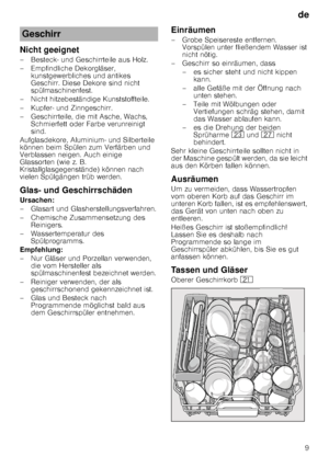 Page 9de9
Nicht geeignet 
– Besteck- und Geschirrteile aus Holz.  
– Empfindliche Dekorgläser, 
kunstgewerbliches und antikes  
Geschirr. Diese Dekore sind nicht 
spülmaschinenfest.
– Nicht hitzebeständige Kunststoffteile. 
– Kupfer- und Zinngeschirr. 
– Geschirrteile, die mit Asche, Wachs,  Schmierfett oder Farbe verunreinigt  
sind.
Aufglasdekore, Aluminium- und Silberteile 
können beim Spülen zum Verfärben und  
Verblassen neigen. Auch einige  
Glassorten (wie z. B. 
Kristallglasgegenstände) können nach...