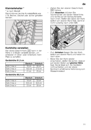 Page 11de11
Kleinteilehalter * 
* je nach Modell 
Damit können leichte Kunststoffteile wie  
z. B. Becher, Deckel usw. sicher gehalten  
werden. 
Korbhöhe verstellen 
Der obere Geschirrkorb 
12 kann in der 
Höhe in 3 Stufen verstellt werden, um  
entweder im Ober- oder Unterkorb mehr  
Platz zu schaffen. 
Gerätehöhe 81,5 cm 
Gerätehöhe 86,5 cm – Ziehen Sie den oberen Geschirrkorb 
12  heraus. 
–Zum  Absenken  drücken Sie 
nacheinander die beiden Hebel links  
und rechts auf der Korbaußenseite 
nach innen....