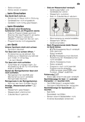 Page 23de23
– Siebe einbauen. 
– Körbe wieder einsetzen.
... beim Einschalten 
Das Gerät läuft nicht an. 
– Sicherung im Haus nicht in Ordnung. 
– Gerätestecker nicht eingesteckt. 
– Gerätetür nicht richtig geschlossen. 
... beim Einstellen 
Das Ändern einer Einstellung  
funktioniert nicht, ein Programm startet. 
– Falsche Programmtaste gedrückt.  Brechen Sie das Programm ab (siehe  
Kapitel Programm abbrechen  
(Reset)) und beginnen Sie von vorn. 
– Programmende nicht abgewartet. 
... am Gerät 
Unterer...