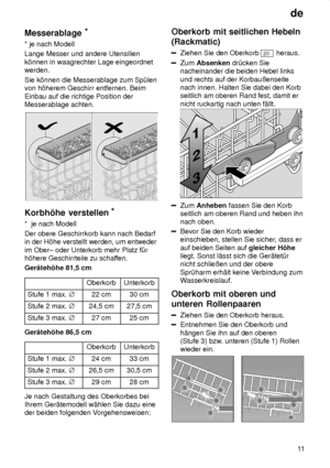 Page 11de11
Messerablage
*
* je nach Modell Lange Messer und andere Utensilien k’nnen in waagrechter Lage eingeordnet werden. Sie k’nnen die Messerablage zum Sp˜len von h’herem Geschirr entfernen. Beim Einbau auf die richtige Position der Messerablage achten.
Korbh’he  verstellen *
*   je nach Modell
Der obere Geschirrkorb kann nach Bedarf in der H’he verstellt werden, um entweder im Ober± oder Unterkorb mehr Platz f˜r h’here Geschirrteile zu schaf fen.
Ger‚teh’he 81,5 cm
OberkorbUnterkorb
Stufe 1 max.  j22...