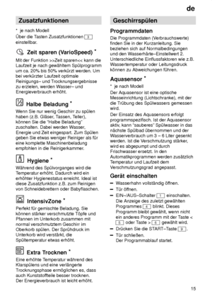 Page 15de15
Zusatzfunktionen
*  je nach Modell ber die T asten Zusatzfunktionen 
3
einstellbar.
Zeit sparen (V arioSpeed) *
Mit  der Funktion >>Zeit sparen 6 gew‚hlt wird.
Dr˜cken Sie die ST ART±Taste 9.
T˜r schlieûen. Der Programmablauf startet.
      