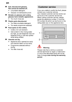 Page 22en
22
Dull, discoloured glasses, film cannot be washed off.
Unsuitable detergent.
Glasses not dishwasher-proof.
Streaks on glasses and cutlery ,
glasses have metallic appearance.
T oo much rinse-aid.
Plastic parts discoloured.
Too little/unsuitable detergent.
Too weak programme selected.
Rust spots on the cutlery .
Cutlery not rust-resistant.
Salt content in the rinsing water too high, as salt dispenser lock not fastened firmly or salt was spilledwhile being refilled.
Utensils not dry.
Appliance door...