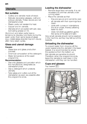 Page 10en
10
Not suitable
– Cutlery and utensils made of wood.  
– Delicate decorative glasses, craft and antique utensils. These decors are not  
dishwasher-proof.
– Plastic parts not resistant to heat. 
–Copper and ti n utensils.
– Utensils which are soiled with ash, wax,  lubricating grease or ink.
Aluminium and silver parts have a  
tendency to discolour and fade during the 
wash cycle. Even some types of glass 
(e.g. crystal glass objects) may turn cloudy 
after many wash cycles.
Glass and utensil damage...