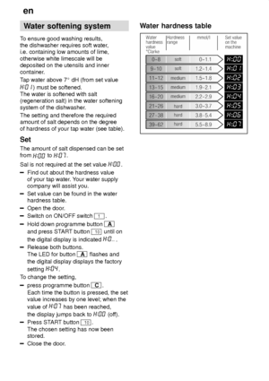 Page 6en
6 Water
 softening system
To  ensure good washing results,
the dishwasher requires soft water ,
i.e. containing low amounts of lime, otherwise white limescale will be deposited on the utensils and inner 
container. T ap water above 7  dH (from set value
) must be softened.
The water is softened with salt (regeneration salt) in the water softening system of the dishwasher .
The setting and therefore the required amount of salt depends on the degree of hardness of your tap water (see table). Set The...