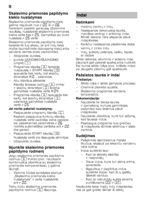 Page 10lt 
10
Skalavimo priemon
s papildymo 
kiekio nustatymas 
Skalavimo priemon 	s papildymo kiek  
galima reguliuoti nuo §:‹‹  iki §:‹‡ . 
Nor 	dami pasiekti geriausi ą džiovinimo 
rezultat ą, nustatykite skalavimo priemon 	s 
kiekio vert  ties §:‹† . Gamykloje jau buvo 
nustatyta §:‹†  vert 	.
Skalavimo priemon 	s papildymo kiek  
keiskite tik tuo atveju, jei ant ind X lieka 
dryžiai (sumažinkite dozuojam ą kiek ) arba 
vandens d 	m 	s (kiek  padidinkite).
–Ati darykite dureles.
–...