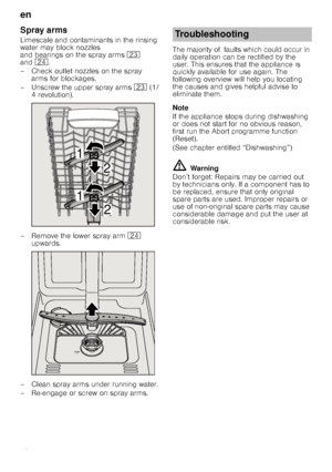 Page 18en
18
Spray arms
Limescale and contaminants in the rinsing  
water may block nozzles 
and bearings on the spray arms 1: 
and 1B.
– Check outlet nozzles on the spray  arms for blockages.
– Unscrew the upper spray arms  1: (1/
4 revolution).
– Remove the lower spray arm  1B 
upwards.
– Clean spray arms under running water. 
– Re-engage or screw on spray arms. The majority of  faults which could occur in  
daily operation can be rectified by the 
user. This ensures that the appliance is  
quickly available...