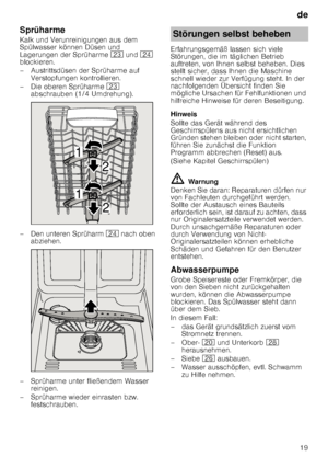 Page 19de19
Sprüharme 
Kalk und Verunreinigungen aus dem  
Spülwasser können Düsen und  
Lagerungen der Sprüharme 
1: und  1B  
blockieren. 
– Austrittsdüsen der Sprüharme auf 
Verstopfungen kontrollieren.
– Die oberen Sprüharme  1: 
abschrauben (1/4 Umdrehung).
– Den unteren Sprüharm  1B nach oben 
abziehen.
– Sprüharme unter fließendem Wasser  reinigen.
– Sprüharme wieder einrasten bzw.  festschrauben. Erfahrungsgemäß lassen sich viele  
Störungen, die im täglichen Betrieb  
auftreten, von Ihnen selbst...