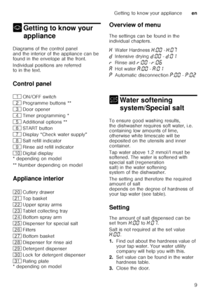 Page 9Getting to know your applianceen
9
* Getting to know your 
appliance
Getting toknow your appliance
Diagrams of the control panel  
and the interior of the appliance can be 
found in the envelope at the front. 
Individual positions are referred  
to in the text. 
Control panel 
* depending on model 
** Number depending on model 
Appliance interior 
* depending on model Overview of menu 
The settings can be found in the  
individual chapters.
+
Water softening 
system/Special salt
Water softening...