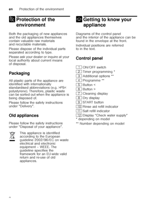 Page 8enProtection of the environment
8
7 Protection of the 
environment
Protection ofthe environment
Both the packaging of new appliances  
and the old appliances themselves 
contain valuable raw materials  
and recyclable materials. 
Please dispose of the individual parts  
separated according to type. 
Please ask your dealer or inquire at your  
local authority about current means  
of disposal. 
Packaging 
All plastic parts of the appliance are  
identified with internationally  
standardised abbreviations...