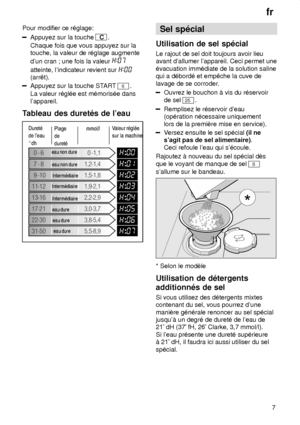 Page 7fr7
Pour modifier ce r‡glage:
Appuyez sur la touche C
.
Chaque fois que vous appuyez sur la touche, la valeur de r‡glage augmente dun cran ; une fois la valeur 
atteinte, lindicateur revient sur 
(arrˆt).
Appuyez sur la touche ST ART 6.
La valeur r‡gl‡e est m‡moris‡e dans lappareil.
Tableau  des duret‡s de leau
 
       
   
    
    

  
     

     
Sel  sp‡cial
Utilisation  de sel sp‡cial
Le  rajout de sel doit toujours avoir lieu
avant dallumer lappareil. Ceci permet une ‡vacuation imm‡diate de la...