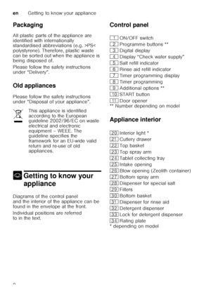 Page 8enGetting to know your appliance
8
Packaging 
All plastic parts of the appliance are  
identified with internationally  
standardised abbreviations (e.g. >PS<  
polystyrene). Therefore, plastic waste  
can be sorted out when the appliance is  
being disposed of. 
Please follow the safety instructions  
under “Delivery”. 
Old appliances 
Please follow the safety instructions  
under “Disposal of your appliance”. 
*
Getting to know your 
appliance
Getting toknow your appliance
Diagrams of the control panel...