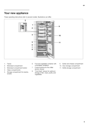 Page 5en
5
Your new appliance
These operating instructions refer to several models. Illustrations can differ.
1. Fascia
2. Motorised compartment
3. Motorised compartment button
4. Glass compartments
5. Storage compartment for snacks, 
sweets6. Fruit and vegetable container with 
controllable ventilation 
7. Control buttons for the chiller 
section drawer
8. “Cool-fresh” drawer for optimum 
storage of fish, meat, poultry and 
vegetables9. Butter and cheese compartment 
10. Door storage compartment
11. Bottle...