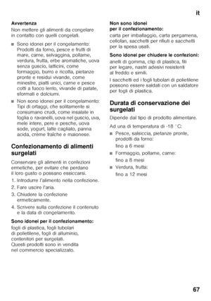 Page 67it
67
Avvertenza 
Non mettere gli alimenti da congelare  
in contatto con quelli congelati.
■Sono idonei per il congelamento:  
Prodotti da forno, pesce e frutti di  
mare, carne, selvaggina, pollame,  
verdura, frutta, erbe aromatiche, uova  
senza guscio, latticini, come 
formaggio, burro e ricotta, pietanze 
pronte e residui vivande, come 
minestre, piatti unici, carne e pesce  
cotti a fuoco lento, vivande di patate,  
sformati e dolciumi.
■Non sono idonei per il congelamento:  
Tipi di ortaggi, che...