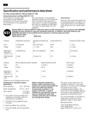 Page 2020
Specification and performance data sheet
For filter models 9000 077 095 and 9000 077 096
Using replacement cartridge 9000 077 104
This model was tested by NSF
International as per ANSI/NSF
Standards 42 & 53 and was certified
for the reduction
 of the substances
listed below.The concentration of the specified
dissolved substances in the water that
reach the system was reduced to a
value equal to or below the permitted
limit v
alue as stipulated by NSF/ANSI
42 and 53 for water drawn from the...