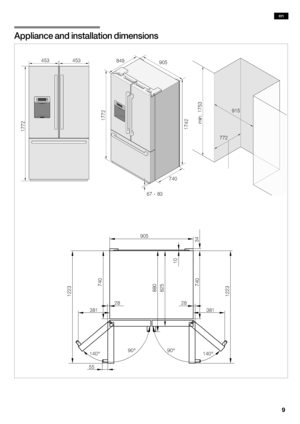 Page 99
Appliance and installation dimensions
453 453
905
915
772
min. 1753 1742
740
67 − 83
1772
849
905
1223
90°
140°
740
55
825 880740 1223
90°
140°
34 10
28
381 28
381
1772
deen
 