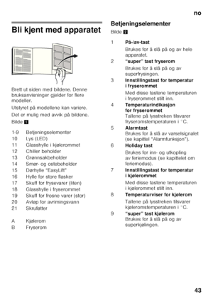 Page 43no43
Bli kjent med apparatet 
Brett ut siden med bildene. Denne  
bruksanvisninger gjelder for flere  
modeller. 
Utstyret på modellene kan variere. 
Det er mulig med avvik på bildene. 
Bilde 1 Betjeningselementer 
Bilde
2
1-9 Betjeningselementer 
10 Lys (LED) 
11 Glasshylle i kjølerommet 
12 Chiller beholder
13 Grønnsakbeholder
14 Smør- og ostebeholder
15 Dørhylle “EasyLift” 
16 Hylle for store flasker 
17 Skuff for frysevarer (liten) 
18 Glasshylle i fryserommet
19 Skuff for frosne varer (stor)
20...