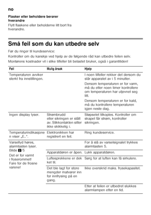 Page 54no 
54
Flasker eller beholdere berører  
hverandre 
Flytt flaskene eller beholderne litt bort fra  
hverandre.
Små feil som du kan utbedre selv 
Før du ringer til kundeservice: 
Kontroller om du kanskje ved hjelp av de følgende råd
 kan utbedre feilen selv.
Montørens kostnader vil i slike tilfeller bli belaste t bruker, også i garantitiden!
Feil Mulig årsak Hjelp 
Temperaturen avviker  
sterkt fra innstillingen. I noen tilfeller rekker det dersom du 
slår apparatet av i 5 minutter. 
Dersom temperaturen...