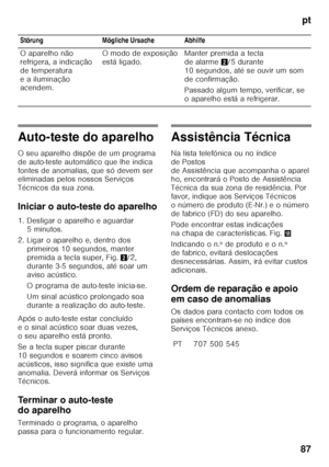 Page 87pt
87
Auto-teste do aparelho 
O seu aparelho dispõe de um programa  
de auto-teste automático que lhe indica 
fontes de anomalias, que só devem ser  
eliminadas pelos nossos Serviços  
Técnicos da sua zona. 
Iniciar o auto-teste do aparelho 
1. Desligar o aparelho e aguardar  5minutos.
2. Ligar o aparelho e, dentro dos  primeiros 10 segundos, manter  
premida a tecla super, Fig. 2/2, 
durante 3-5 segundos, até soar um 
aviso acústico. 
O programa de auto-teste inicia-se. 
Um sinal acústico prolongado soa...