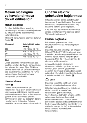 Page 68tr 
68
Mekan sıcakl ığ ına 
ve havaland ırmaya 
dikkat edilmelidir 
Mekan s ıcakl ığ ı
Bu cihaz belli bir klima s ın ıf ı için 
tasarlanm ıF tır. Klima s ın ıf ına ba ğlı olarak 
bu cihaz ı  F u çevre s ıcakl ıklar ında 
kullanabilirsiniz. İ klim s ın ıf ı tip levhas ın ın üzerinde bulunur, 
Resim *.
Bilgi 
Cihaz, bildirilmi F klima s ın ıf ına ait oda 
s ıcakl ığ ı s ın ırlar ı dahilinde, sahip oldu ğu 
tüm i Flevleri ile çal ıF ır. E ğer SN klima 
s ın ıf ına dahil olan bir cihaz daha so ğuk 
oda...