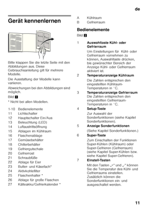 Page 11de11
Gerät kennenlernen 
Bitte klappen Sie die letzte Seite mit den  
Abbildungen aus. Diese  
Gebrauchsanleitung gilt für mehrere  
Modelle. 
Die Ausstattung der Modelle kann  
variieren. 
Abweichungen bei den Abbildungen sind  
möglich. 
Bild 1
* Nicht bei allen Modellen. Bedienelemente 
Bild
2
1-10 Bedienelemente 
11 Lichtschalter 
12 Hauptschalter Ein/Aus 
13 Beleuchtung (LED)
14 Luftaustrittsöffnung
15 Ablagen im Kühlraum
16 Flaschenablage
17 Gemüsebehälter 
18 Chillerbehälter 
19 Gefriergutschale...