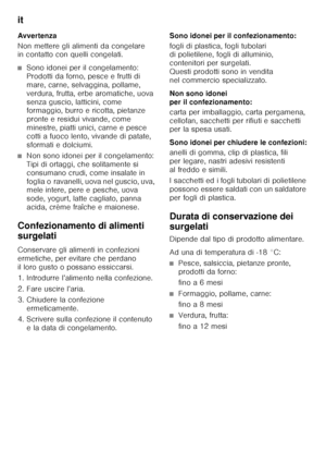 Page 106it 
106
Avver tenza 
Non mettere gli alimenti da congelare  
in contatto con quelli congelati.
■Sono idonei per il congelamento:  
Prodotti da forno, pesce e frutti di  
mare, carne, selvaggina, pollame, 
verdura, frutta, erbe aromatiche, uova 
senza guscio, latticini, come  
formaggio, burro e ricotta, pietanze  
pronte e residui vivande, come 
minestre, piatti unici, carne e pesce 
cotti a fuoco lento, vivande di patate, 
sformati e dolciumi.
■Non sono idonei per il congelamento:  
Tipi di ortaggi, che...