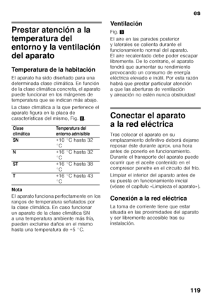 Page 119es
119
Prestar atención a la   
temperatura del   
entorno y la ventilación  
del aparato 
Temperatura de la habitación 
El aparato ha sido diseñado para una  
determinada clase climática. En función 
de la clase climática concreta, el aparato  
puede funcionar en los márgenes de  
temperatura que se indican más abajo. 
La clase climática a la que pertenece el  
aparato figura en la placa de  
características del mismo, Fig.  +.
Nota 
El aparato funciona perfectamente en los  
rangos de temperatura...