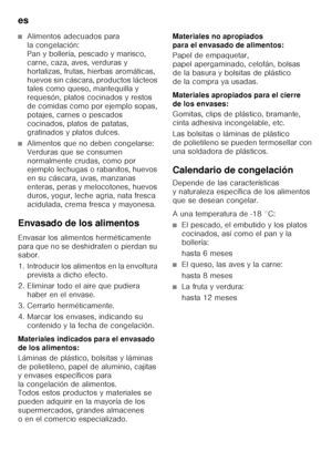 Page 128es 
128
■Alimentos adecuados para  
la congelación:  
Pan y bollería, pescado y marisco, 
carne, caza, aves, verduras y 
hortalizas, frutas, hierbas aromáticas, 
huevos sin cáscara, productos lácteos  
tales como queso, mantequilla y  
requesón, platos cocinados y restos 
de comidas como por ejemplo sopas, 
potajes, carnes o pescados 
cocinados, platos de patatas,  
gratinados y platos dulces.
■Alimentos que no deben congelarse:  
Verduras que se consumen 
normalmente crudas, como por  
ejemplo lechugas...