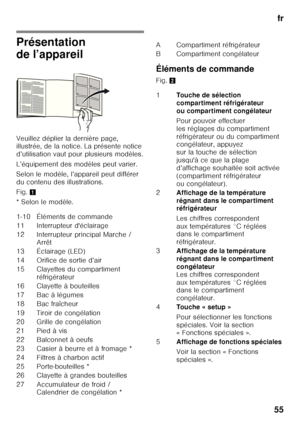 Page 55fr
55
Présentation  
de l’appareil 
Veuillez déplier la dernière page,  
illustrée, de la notice. La présente notice  
d’utilisation vaut pour plusieurs modèles. 
L’équipement des modèles peut varier. 
Selon le modèle, l’appareil peut différer  
du contenu des illustrations. 
Fig.  1
*Selon lemodèle. Éléments de commande 
Fig. 
2
1-10 Éléments de commande 
11 Interrupteur d'éclairage
12 Interrupteur principal Marche /  Arrêt
13 Éclairage (LED)
14 Orifice de sortie d’air
15 Clayettes du compartiment...