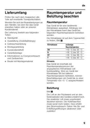 Page 9de9
Lieferumfang 
Prüfen Sie nach dem Auspacken alle  
Teile auf eventuelle Transportschäden. 
Wenden Sie sich bei Beanstandungen an  
den Händler, bei dem Sie das Gerät  
erworben haben oder an unseren  
Kundendienst. 
Die Lieferung besteht aus folgenden  
Teilen:
■Standgerät
■Ausstattung (modellabhängig)
■Gebrauchsanleitung
■Montageanleitung
■Kundendienstheft
■Garantiebeilage
■Informationen zu Energieverbrauch  
und Geräuschen
■Beutel mit Montagematerial
Raumtemperatur und  
Belüftung beachten...