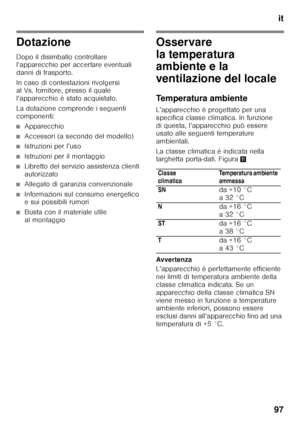 Page 97it
97
Dotazione 
Dopo il disimballo controllare  
l’apparecchio per accertare eventuali  
danni di trasporto. 
In caso di contestazioni rivolgersi  
al Vs. fornitore, presso il quale  
l’apparecchio è stato acquistato. 
La dotazione comprende i seguenti  
componenti:
■Apparecchio
■Accessori (a secondo del modello)
■Istruzioni per l’uso
■Istruzioni per il montaggio
■Libretto del servizio assistenza clienti  
autorizzato
■Allegato di garanzia convenzionale
■Informazioni sul consumo energetico  
e sui...