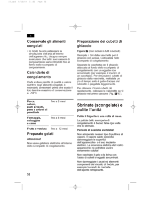 Page 56Conservate gli alimenti
congelati
• In modo da non ostacolare la
circolazione dell’aria all’interno
dell’apparecchio, bisogna sempre
assicurarsi che tutti i suoi cassoni di
congelamento siano introdotti fino al
fermo nello scomparto di
congelamento.
Calendario di
congelamento
Onde evitare perdite di qualità e valore
nutritivo degli alimenti congelati, è
necesario consumarli prima che scada il
loro termine massimo di conservazione
a  -18°C.
Pesce, fino a 6 mesi
salumi,
piatti precotti,
pane e articoli di...