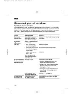 Page 118118
nl
Kleine storingen zelf verhelpen
Voordat u de klantenservice belt:
Controleer eerst of u aan de hand van de volgende punten de storing kunt verhelpen. 
Als u om een monteur vraagt, en het blijkt dat hij alleen maar een advies (bijv. over de
bediening of het onderhoud van het apparaat) hoeft te geven om de storing te verhelpen,
dan moet u, ook in de garantietijd, de volledige kosten van dat bezoek betalen.
Storing
Geen enkele
indicatie brandt
De indicatie 
„ “ brandt 
(afb. W/5).
De...