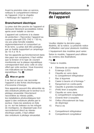 Page 25fr
25
Avant la première mise en service,  
nettoyez le compartiment intérieur  
de l’appareil. (Voir le chapitre 
« Nettoyage de l’appareil ».) 
Branchement électrique 
La prise doit être proche de l’appareil et  
demeurer librement accessibles même  
après avoir installé ce dernier.  
L’appareil est conforme à la classe  
de protection I. Raccordez l’appareil au  
courant alternatif 220–240 V / 50 Hz, 
via une prise femelle installée 
réglementairement et comportant un 
fil de terre. La prise doit être...