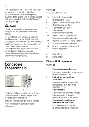 Page 44it 
44
Per apparecchi, che vengono impiegati  
in paesi non europei, controllare  
se la tensione indicata corrisponda 
ai valori della locale rete elettrica. Questi 
dati sono riportati nella targhetta porta-
dati. Figura
0 
ã= Avviso
I nostri apparecchi possono essere  
collegati ad un inverter sinusoidale  
di rete. 
Gli inverter di rete vengono utilizzati  
in abbinamento a impianti fotovoltaici  
e collegati direttamente alla rete elettrica 
pubblica. Usare inverter sinusoidali nel 
caso di...