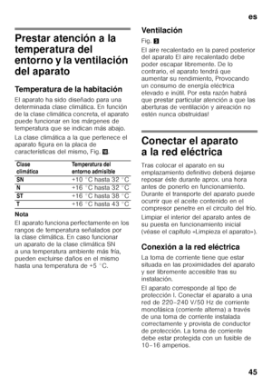 Page 45es 
45
Prestar atención a la  
temperatura del  
entorno y la ventilación  
del aparato 
Temperatura de la habitación 
El aparato ha sido diseñado para una  
determinada clase climática. En función 
de la clase climática concreta, el aparato  
puede funcionar en los márgenes de  
temperatura que se indican más abajo. 
La clase climática a la que pertenece el  
aparato figura en la placa de  
características del mismo, Fig. 0.
Nota 
El aparato funciona perfectamente en los  
rangos de temperatura...