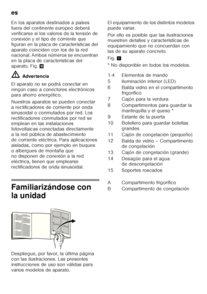 Page 46es 
46
En los aparatos destinados a países  
fuera del continente europeo deberá  
verificarse si los valores de la tensión de 
conexión y el tipo de corriente que 
figuran en la placa de características del 
aparato coinciden con los de la red  
nacional. Ambos números se encuentran  
en la placa de características del 
aparato. Fig.
0 
ã= Adver tencia
El aparato no se podrá conectar en  
ningún caso a conectores electrónicos  
para ahorro energético. 
Nuestros aparatos se pueden conectar  
a...