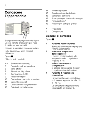 Page 62it 
62
Conoscere  
l’apparecchio 
Svolgere l’ultima pagina con le figure.  
Questo libretto d’istruzioni per l’uso  
è valido per vari modelli,  
pertanto le dotazioni possono variare. 
Nelle illustrazioni sono possibili  
differenze. 
Figura1
* Non in tutti i modelli. Elementi di comando 
Figura
2
1-4 Elementi di comando 
5 Regolatore di temperatura
6 Vano chiller
7 Ripiani nel frigorifero
8 Illuminazione (LED) 
9 Ripiano bottiglie 
10 Contenitore per frutta e verdura 
11 Cassetto surgelati 
12...