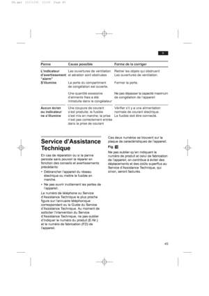 Page 45Panne Cause possible Forme de la corriger
L’indicateurLes ouvertures de ventilation Retirer les objets qui obstruent
d’avertissementet aération sont obstruées Les ouvertures de ventilation.
“alarm”
S’illumineLa porte du compartiment Fermer la porte.
de congélation est ouverte.
Une quantité excessive Ne pas dépasser la capacité maximum
d’aliments frais a ètè de congélation de l’appareil
introduite dans le congélateur
Aucun écranUne coupure de courant Vérifier s’il y a une alimentation
ou indicateurs’est...