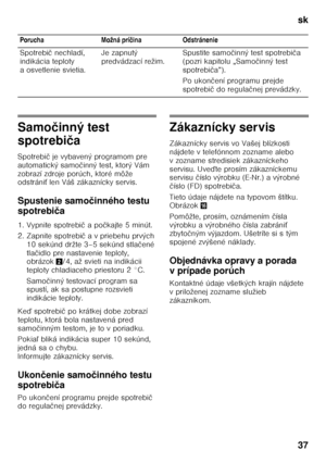 Page 37sk 
37
Samočinný test 
spotrebi ča
Spotrebi č je vybavený programom pre 
automatický samo činný test, ktorý Vám 
zobrazí zdroje porúch, ktoré môže  
odstráni Ś len Váš zákaznícky servis.
Spustenie samo činného testu 
spotrebi ča
1. Vypnite spotrebi č a po čkajte 5 minút.
2. Zapnite spotrebi č a v priebehu prvých 
10 sekúnd držte 3–5 sekúnd stla čené 
tla čidlo pre nastavenie teploty, 
obrázok 2/4, až svieti na indikácii 
teploty chladiaceho priestoru 2 °C. 
Samo činný testovací program sa 
spustí, ak sa...