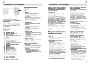 Page 325253ptptFamiliarização com o aparelho
Familiarização com o aparelho
Antes de iniciar a leitura destas
instruções, desdobre as últimas páginas
com ilustrações.
Estas instruções de serviço aplicam-se 
a vários modelos de aparelhos, pelo que
são possíveis alterações de pormenor
nas ilustrações.Vista geralFig. 1
1-11 Painel de comando
12  Aberturas de saída de ar
13 Iluminação interior
14  Sistema Multiflow (distribuidor de 
ar frio)
15 Prateleira
16 Gaveta para copos de iogurte
17  Gavetas de legumes
18...