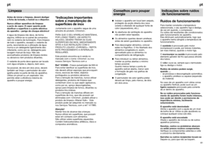 Page 3661pt
LimpezaAntes de iniciar a limpeza, deverá desligar
a ficha da tomada, o fusível ou o disjuntor.
Nunca utilizar aparelhos de limpeza
a jacto de vapor. O vapor quente pode
danificar a superfície e a parte eléctrica
do aparelho – perigo de choque eléctrico!
A água da limpeza não deve, de forma
alguma, infiltrar-se no painel de comandos
nem no sistema de iluminação. Para limpeza
de todo o aparelho, excepto o vedante da
porta, recomenda-se a utilização de água
morna e um detergente ligeiramente des-...