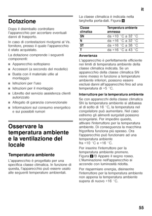 Page 55it
55
Dotazione 
Dopo il disimballo controllare  
l’apparecchio per accertare eventuali  
danni di trasporto. 
In caso di contestazioni rivolgersi al Vs.  
fornitore, presso il quale l’apparecchio  
è stato acquistato. 
La dotazione comprende i seguenti  
componenti:
■Apparecchio sottopiano
■Accessori (a secondo del modello)
■Busta con il materiale utile al  
montaggio
■Istruzioni per l’uso
■Istruzioni per il montaggio
■Libretto del servizio assistenza clienti  
autorizzato
■Allegato di garanzia...