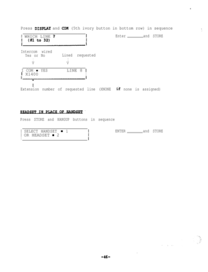 Page 46Press DISPLAY and COM (5th ivory button in bottom row) in sequence
1 WHICH LINE 3
! (01to32)
Enterand STORE
.,.,
Intercom wired
Yes or NoLined requested
IIVV
I COM - YESLINE 8 1I Xl400
I
I
Extension number of requested line (XNONE ii none is assigned)
Press STORE and HANGUP buttons in sequence
I SELECT HANDSET = 1
1 OR HEADSET - 2
I
ENTERand STORE
.
-46- 