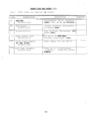 Page 54FORM
Note:These items are supplied by Siemens-.a.?y----_-c------------------------_ ___-----------------________________o___--------------------------_____-------------------------------------
t ITEMNOMENCLATUREDESCRIPTION
QUANTITY I
I-----------------------------
-------------------------__--------------------------------------------------------------------------------__
I Programmable SET-30 Telephone 1
PN-X5051-Al001 (Exec. See lr 2# orPrivate) I
I-I
121Multiplexer 1
PN-X5051-Al.02
13iMultiplexer...